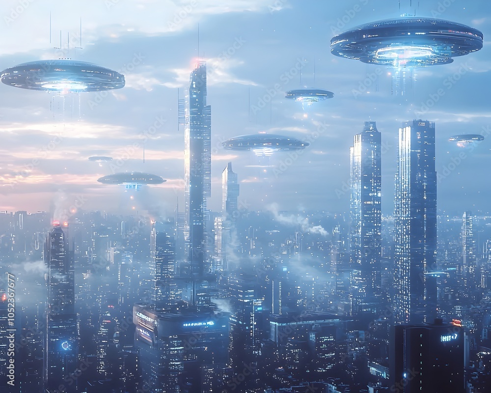 Aufkleber futuristic smart city connected by quantum internet floating quantum hubs transmitting high speed da