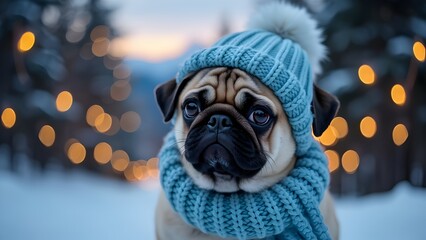 Christmas scene with pug, bokeh lights, trees and winter snow background