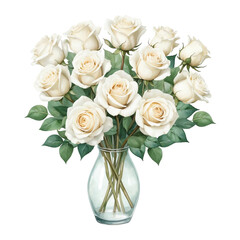 White rose bouquet with isolated background, Watercolor white roses in glass vase with isolated background, Minimalist watercolor white roses with isolated background.