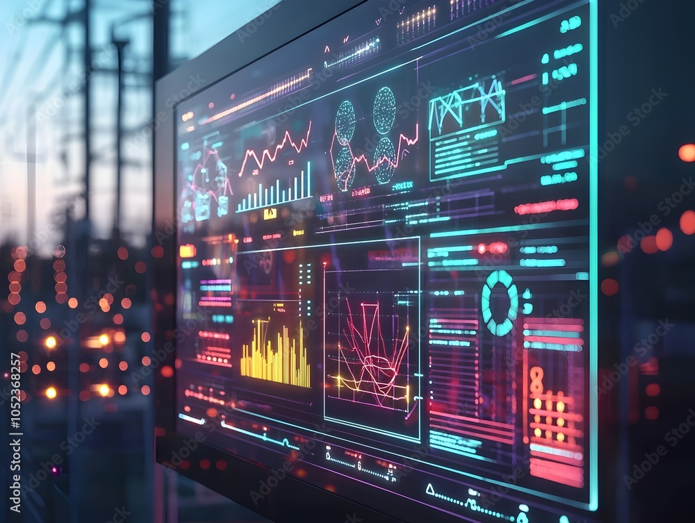Poster holographic smart grid control panel displaying real time energy flow data and analytics