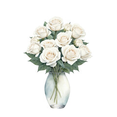 Watercolor white roses in glass vase with isolated background, White rose bouquet with isolated background, Elegant white roses in vase with isolated background.