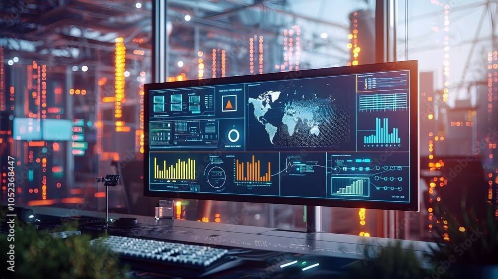 Poster smart grid dashboard in a city command center displaying energy demand renewable inputs and battery 