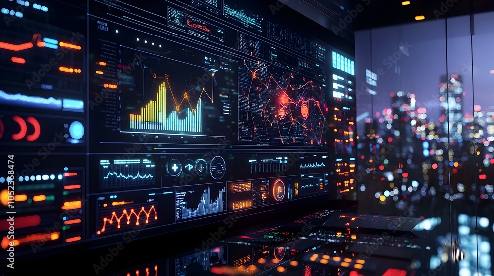 Poster smart grid dashboard visualizing energy data and trends in a city command center