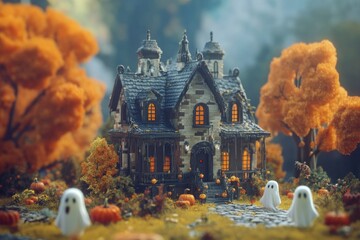 Obraz premium Spooky Haunted House Surrounded by Playful Ghosts