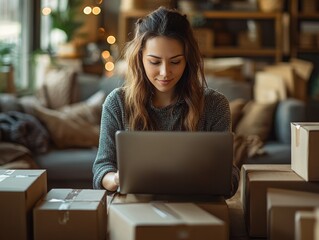 Fototapeta premium freelance Asian woman using a laptop with box Cheerful success online marketing packaging box and delivery SME idea concept