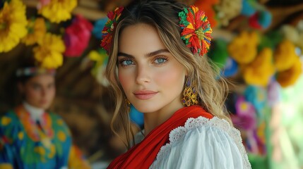 A young woman in a traditional Ukrainian embroidered blouse and a red sash looks at the camera.