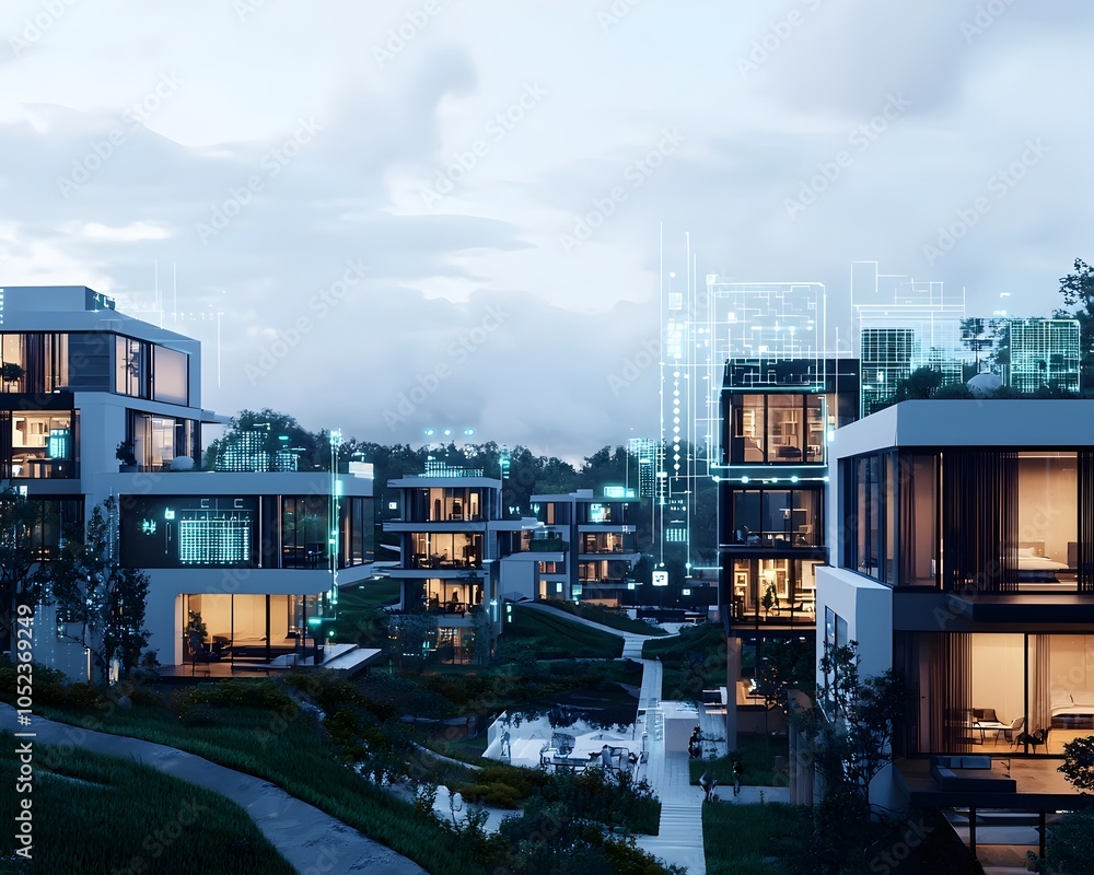 Poster futuristic net zero apartment complex with smart grid and smartphone control