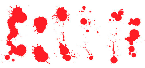 Blood splatter set. Grunge ink or paint splashes, spray drops. Collection of bloody drops, blots, drips for crime design. Silhouette blob spray collection. Vector design elements for illustration