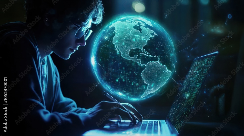 Poster person working online with laptop computer and earth globe hologram overlay, futuristic smart networ