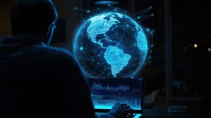 person working online with laptop computer and earth globe hologram overlay, futuristic smart networking concept