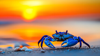 A Stunning Blue Crab (Callinectes sapidus) in its Natural Coastal Habitat at Sunset