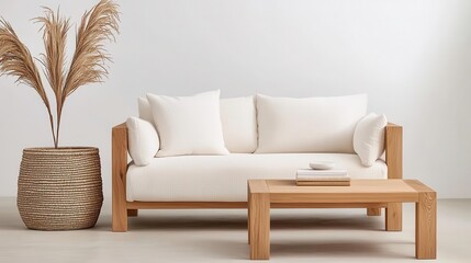 Charming living room with natural wood furniture, minimalist decor, warm tones