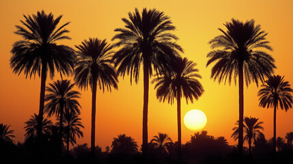 Obraz premium Serene sunset silhouette of palm trees against an orange sky