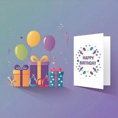 Fototapeta premium Vector minimalist illustration for happy birthday greeting card with free copy space, gifts, kids toys, party invitation card, website banner, social media banner