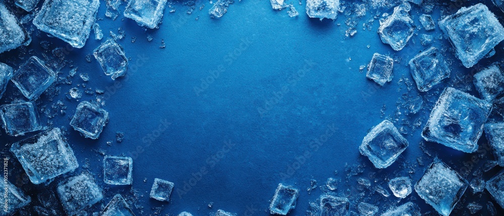 Poster ice cubes scattered on a blue background, creating a cool and refreshing visual effect.