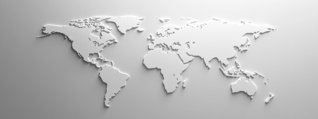 Obraz premium Minimalist World Map, simple white continents outlined on soft gray, elegant design for modern decor or educational use.