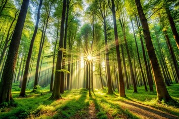 Obraz premium Enchanting Sunlight Filtering Through Majestic Forest Trees for Nature Lovers
