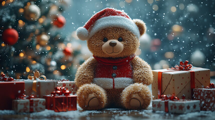 Christmas teddy bear wearing santa hat with christmas tree and gift box background