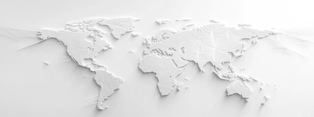 Minimalist World Map in White, thin continent outlines on light gray background, modern design, elegant simplicity, perfect for decor or presentations