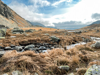 Mountain highland landscape with scattered rocks and patches of dried grass, alpine environment 