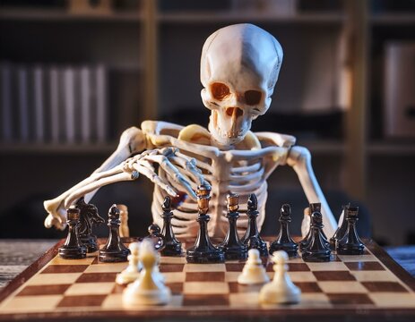 Un esqueleto jugando al ajedrez