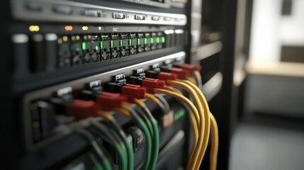 Server rack with internet patch cord cables connected to patch panel in server room
