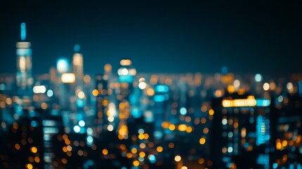 A blurry cityscape at night with soft lights in shades of blue and gold, creating a dreamy urban backdrop