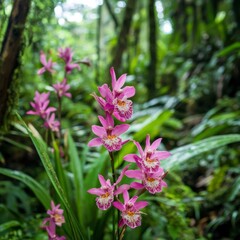Fototapeta premium Orchid flowers flourish on the forest floor.