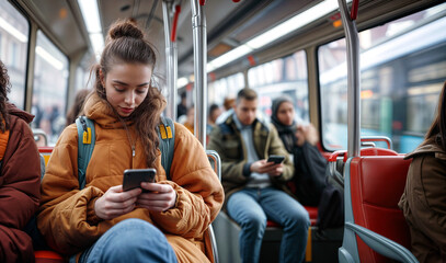 Seated commuter Woman and Man Subway car Both chatting browsing phones