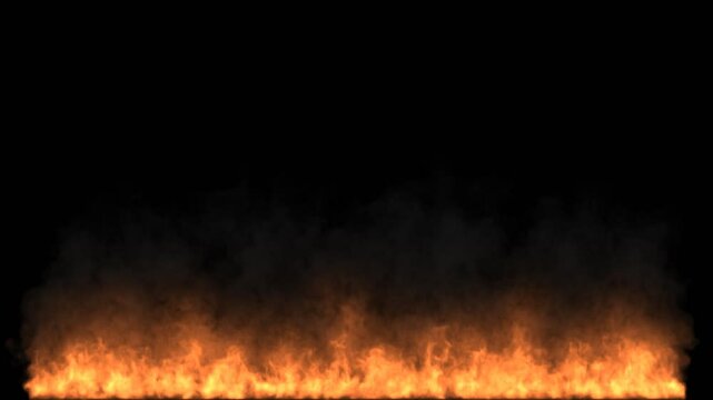 Fire burning and smoke. fire wall . Bright burning flames on a black background. Wall of Real fire, abstract background.
