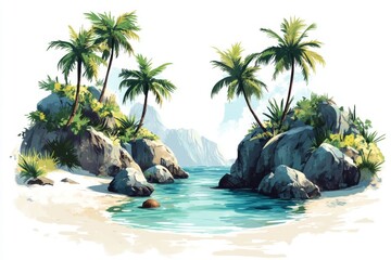 Tropical Beach Scene with Palm Trees  Rocks  and Ocean