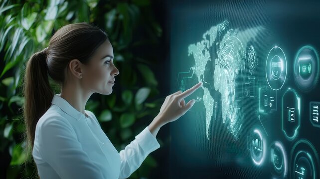 A woman interacting with a digital map interface surrounded by greenery, showcasing technology and nature balance.