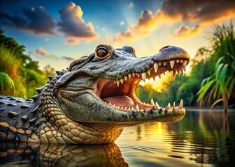 Fototapeta premium Ferocious Alligator with Sharp Teeth in Stunning Morning Nature Scene - Wild Animal Photography