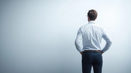 Businessman standing with hands on hips, facing empty wall, deep in thought.