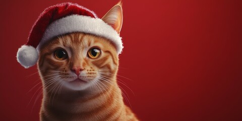 Cat Portrait in Santa Hat on Red Holiday Background. Generative AI