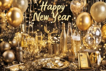 Golden Decorations Collage: Photos of golden decorations, streamers, and balloons. The text "Happy New Year" in a shimmering, gold font
