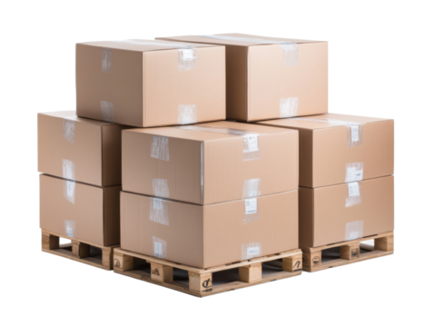 Multiple cardboard boxes stacked on wooden pallets, ready for shipping or storage, symbolizing logistics and warehouse operations on a transparent background..