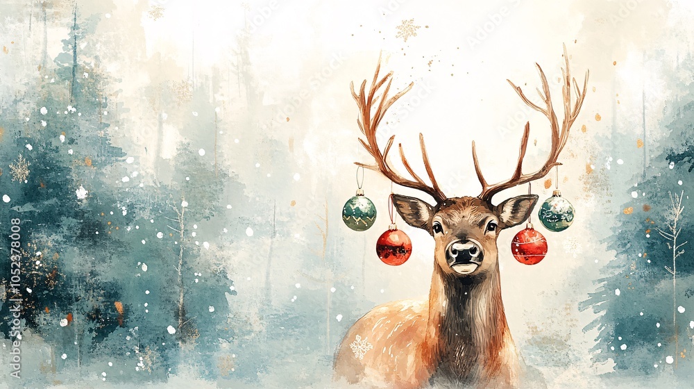 Poster a reindeer adorned with ornaments in a snowy forest setting. generative ai.