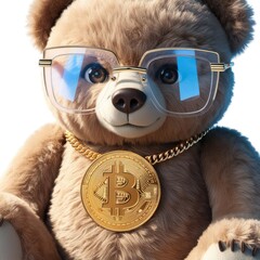 Cuddly Crypto Bear: Adorable Teddy with Golden Bitcoin Necklace Amidst Bearish Market Charts