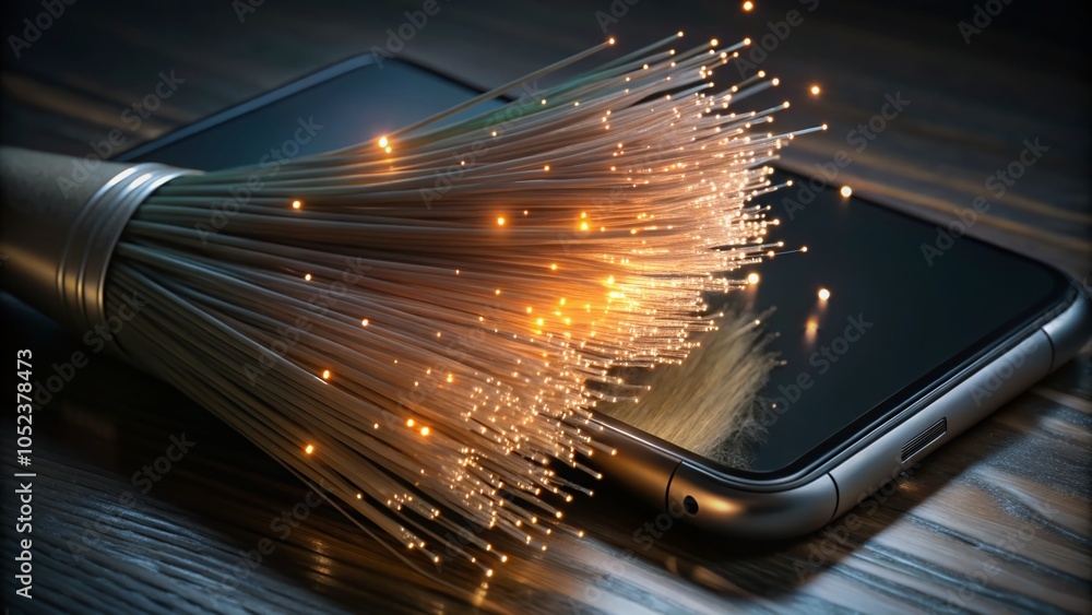 Aufkleber fiber optical cable connection to mobile phone with bokeh effect for technology and database represe