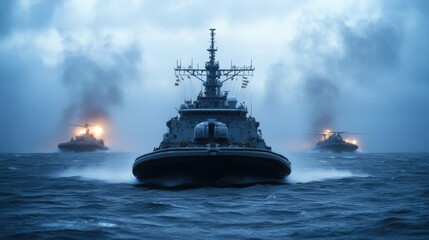 Naklejka premium Amphibious Assault Ship Launching Hovercrafts at Sea