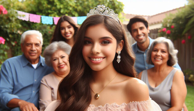 Portrait of Hispanic teenager girl at her quinceanera with family in backyard