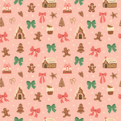 Pink Christmas desserts, bows, ribbons seamless pattern. Winter holidays cookies vector repeat background. New year textile design, wallpaper, print, wrapping, gift paper. Hand drawn food illustration