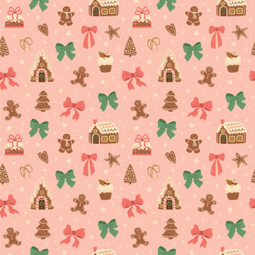Pink Christmas desserts, bows, ribbons seamless pattern. Winter holidays cookies vector repeat background. New year textile design, wallpaper, print, wrapping, gift paper. Hand drawn food illustration