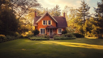 A charming brick house surrounded by lush greenery and trees at sunset.