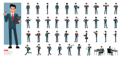 Big Set of businessman wear blue suit character vector design. People working in office planning, thinking and economic analysis. Presentation in various action.
