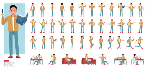 Big Set of businessman wear brown jacket character vector design. People working in office planning, thinking and economic analysis. Presentation in various action.