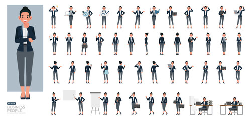 Big Set of businesswoman wear dark blue suit character vector design. People working in office planning, thinking and economic analysis.