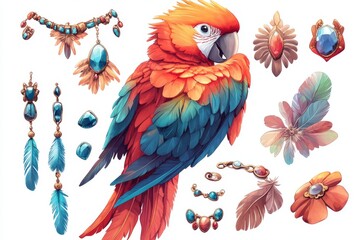 Obraz premium Macaw Parrot with Feathers and Gemstone Jewelry