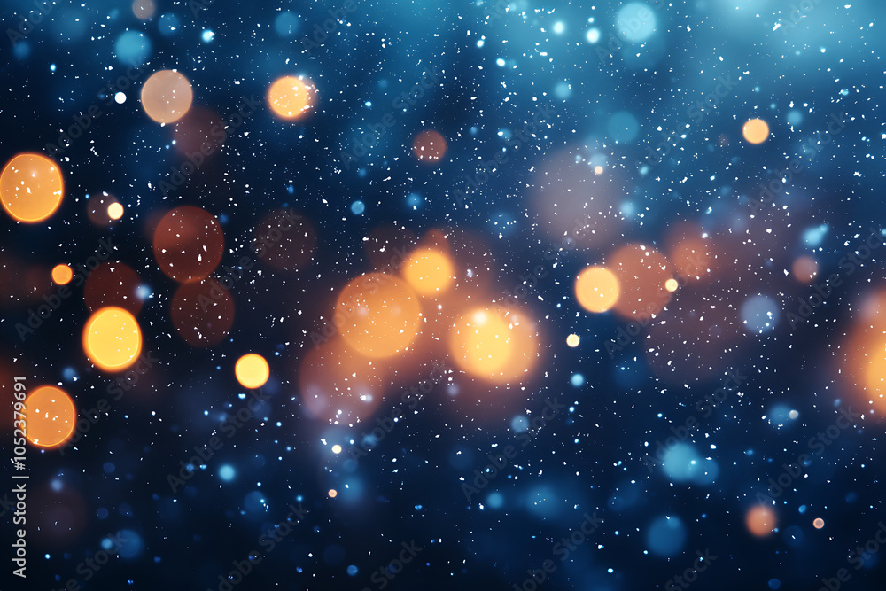 Poster A serene and enchanting snowfall backdrop features shimmering bokeh lights. Generative AI.